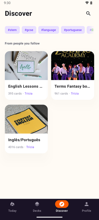 Loopky Discover screen showing decks and tags