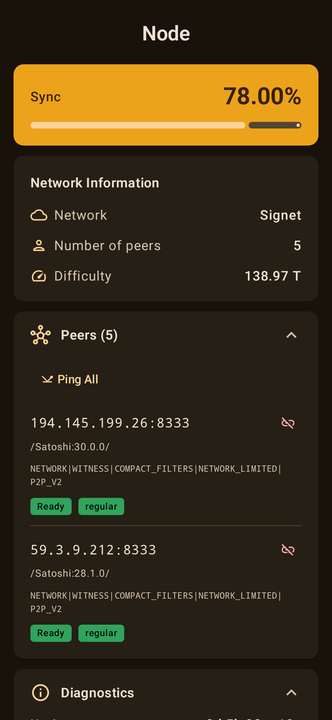 Mandacaru node screen showing sync status